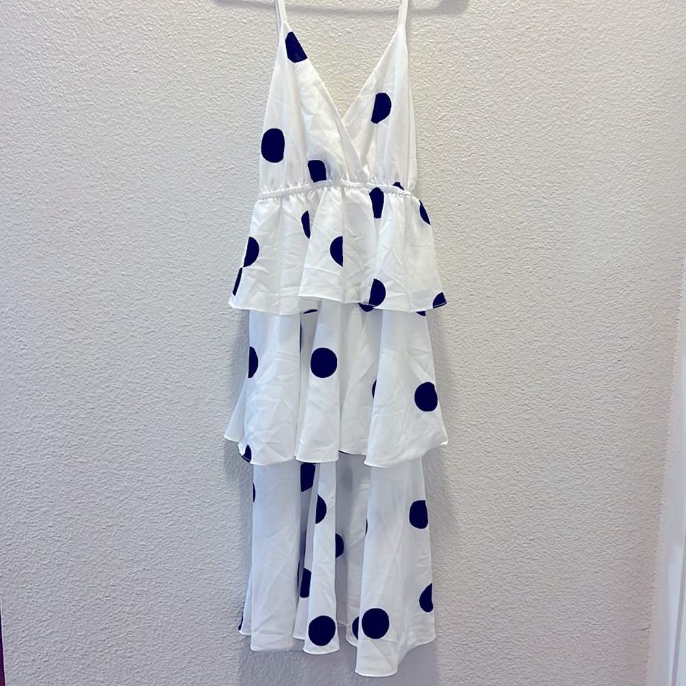 White polka dot tiered midi dress